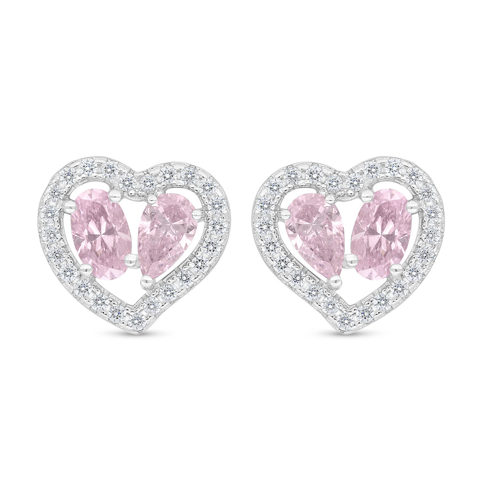 Sterling Silver 925 Earring Rhodium Plated Embedded With Pink Zircon And White Zircon