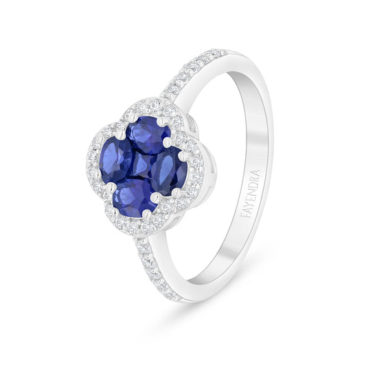 Sterling Silver 925 Ring Rhodium Plated Embedded With Sapphire Corundum And White Zircon
