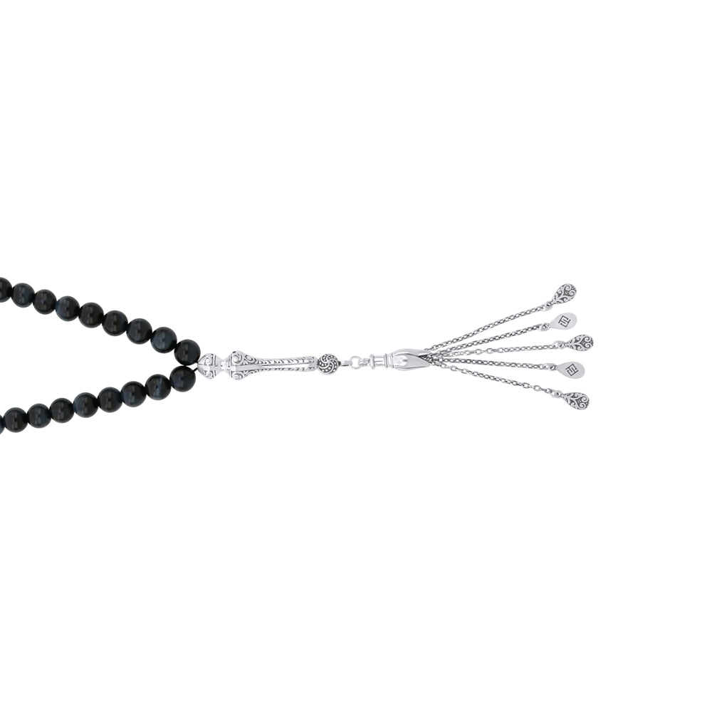 Rosary 66 Sterling Silver 925 Set Oxidized Decorated Embedded With Bule Tiger Eye Bead 8 mm LOGO