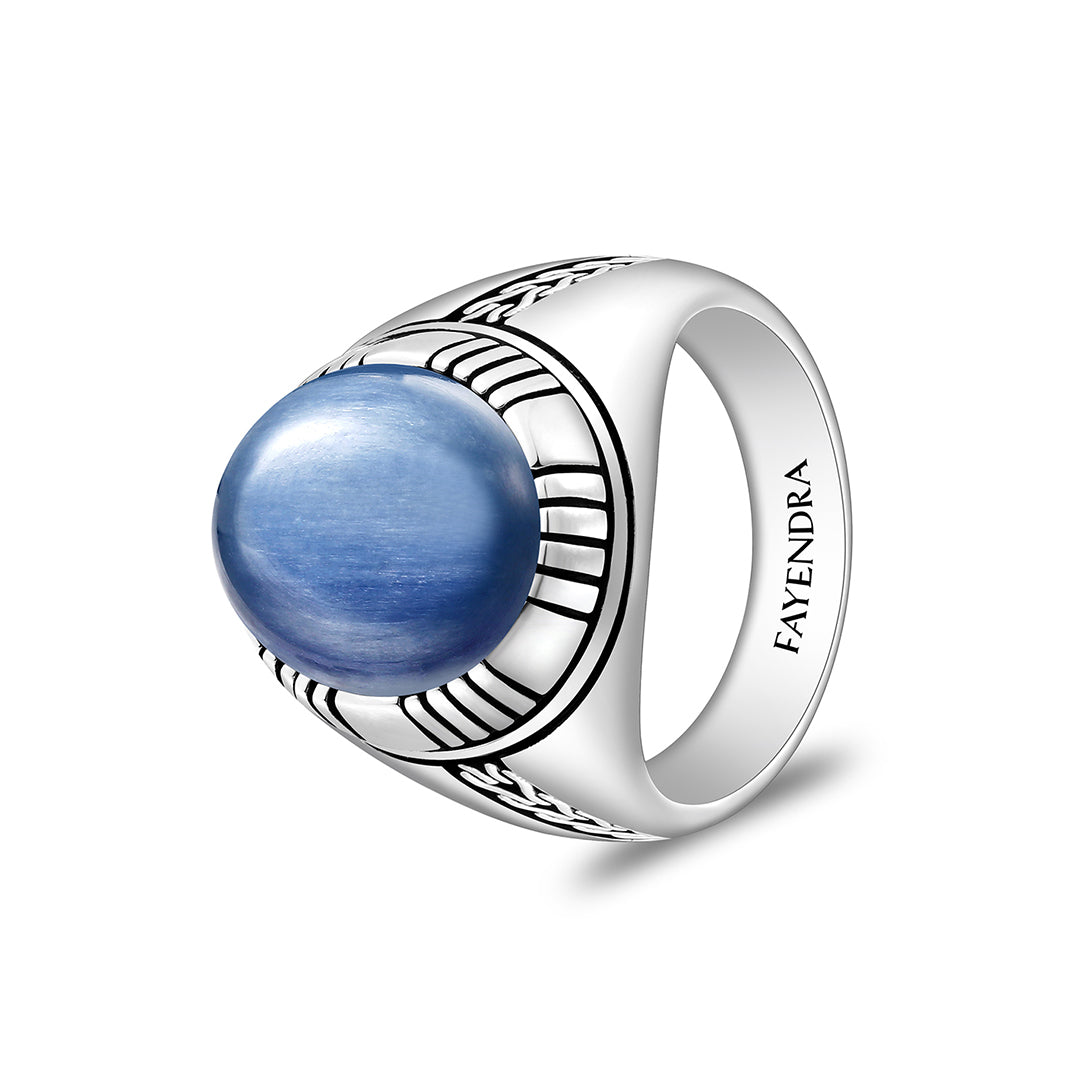 Sterling Silver 925 Ring Rhodium And Black Plated Embedded With Cabochon Natural Kyanite For Men