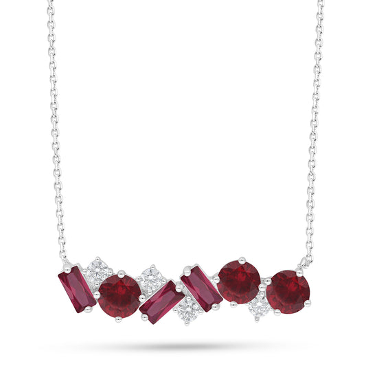 Sterling Silver 925 Necklace Rhodium Plated Embedded With Ruby Corundum And White Zircon