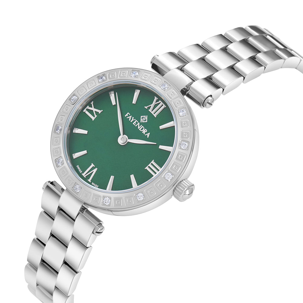 ساعة ستانلس ستيل عيار L316 بلون فضي و فص ابيض - مينا حجر صدف ام اللالئ الاخضر