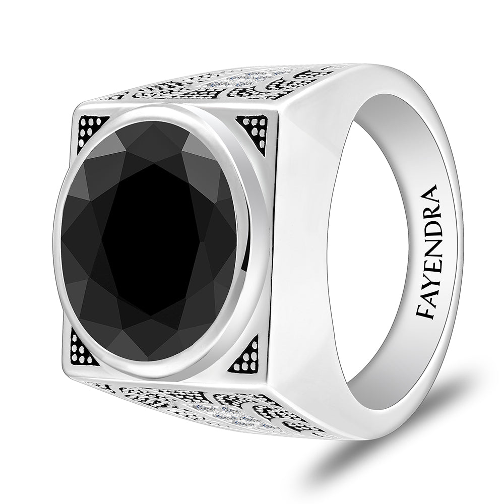 خاتم رجالي من الفضة الخالصة عيار 925 مطلي روديوم و اسود مرصع احجار اونكس سبينل و فص ابيض