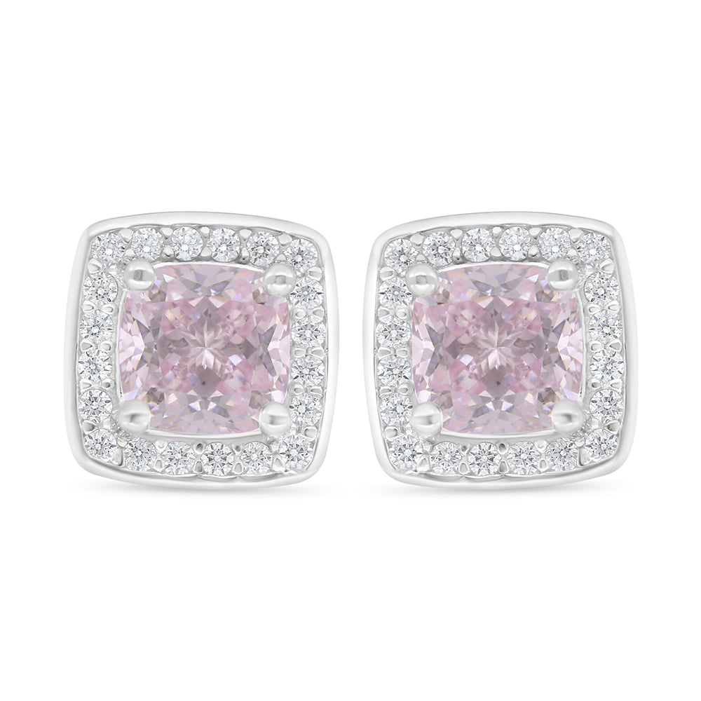 Sterling Silver 925 Earring Rhodium Plated Embedded With Pink Zircon And White Zircon