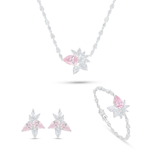 Sterling Silver 925 SET Rhodium Plated Embedded With Pink Zircon And White Zircon
