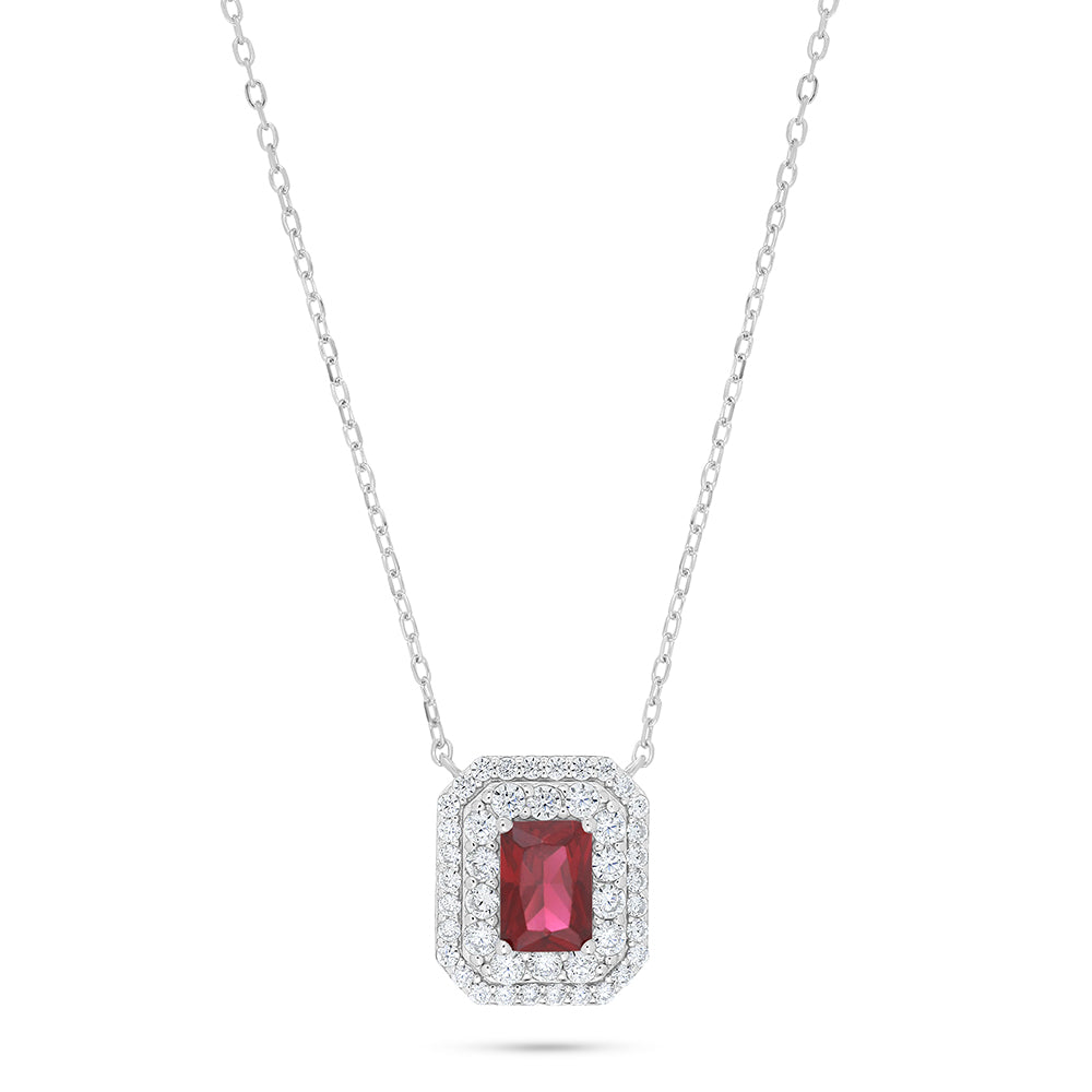 Sterling Silver 925 Necklace Rhodium Plated Embedded With Ruby Corundum And White Zircon