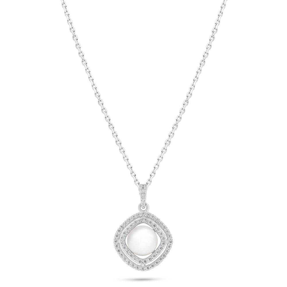 Sterling Silver 925 Necklace Rhodium Plated Embedded With Natural White Pearl And White Zircon