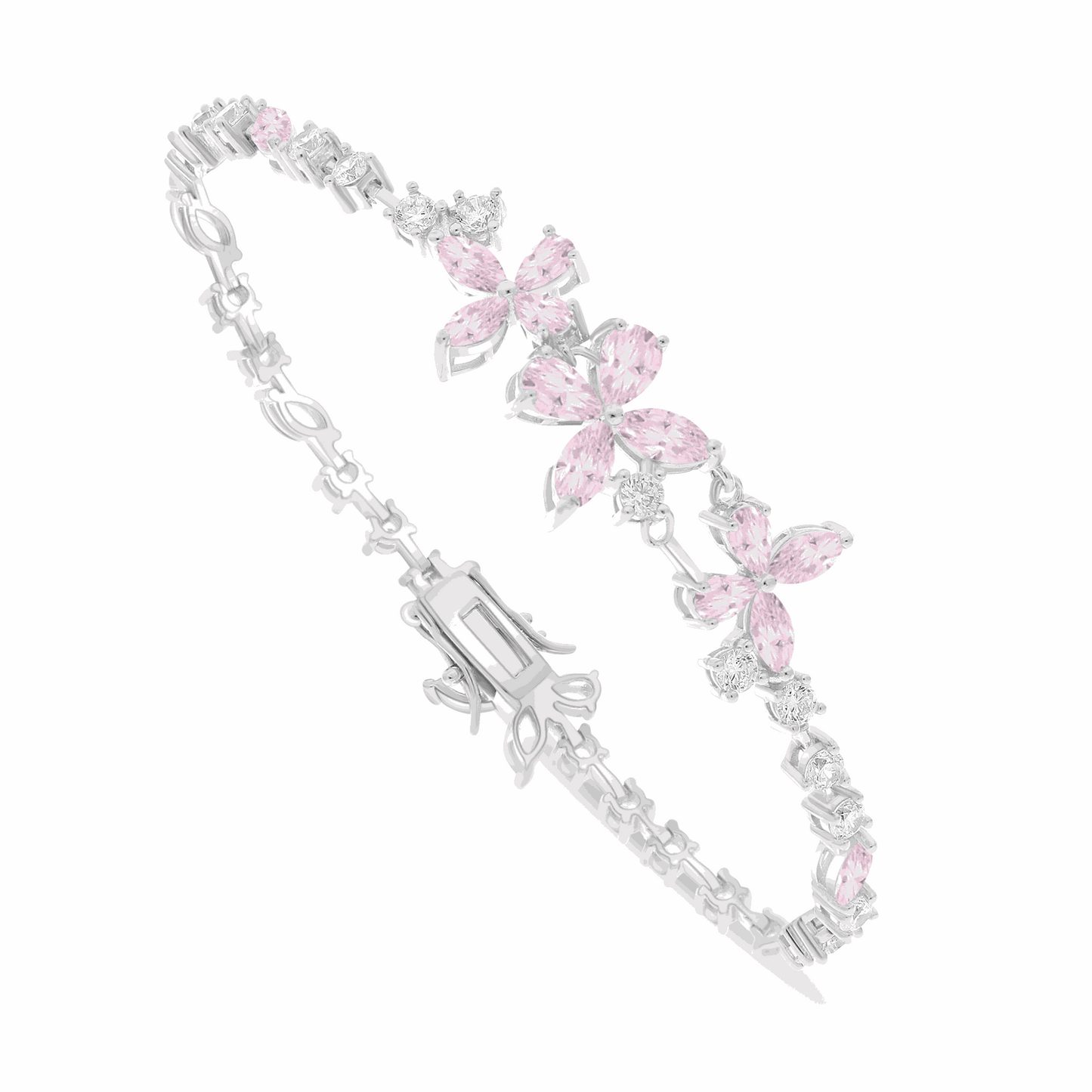 Sterling Silver 925 Bracelet Rhodium Plated Embedded With pink Zircon And White Zircon
