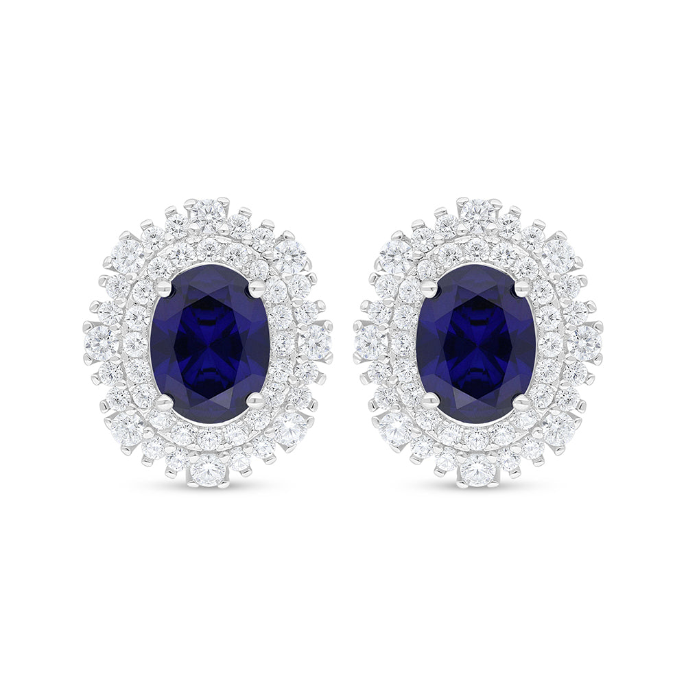 Sterling Silver 925 Earring Rhodium Plated Embedded With Sapphire Corundum And White Zircon