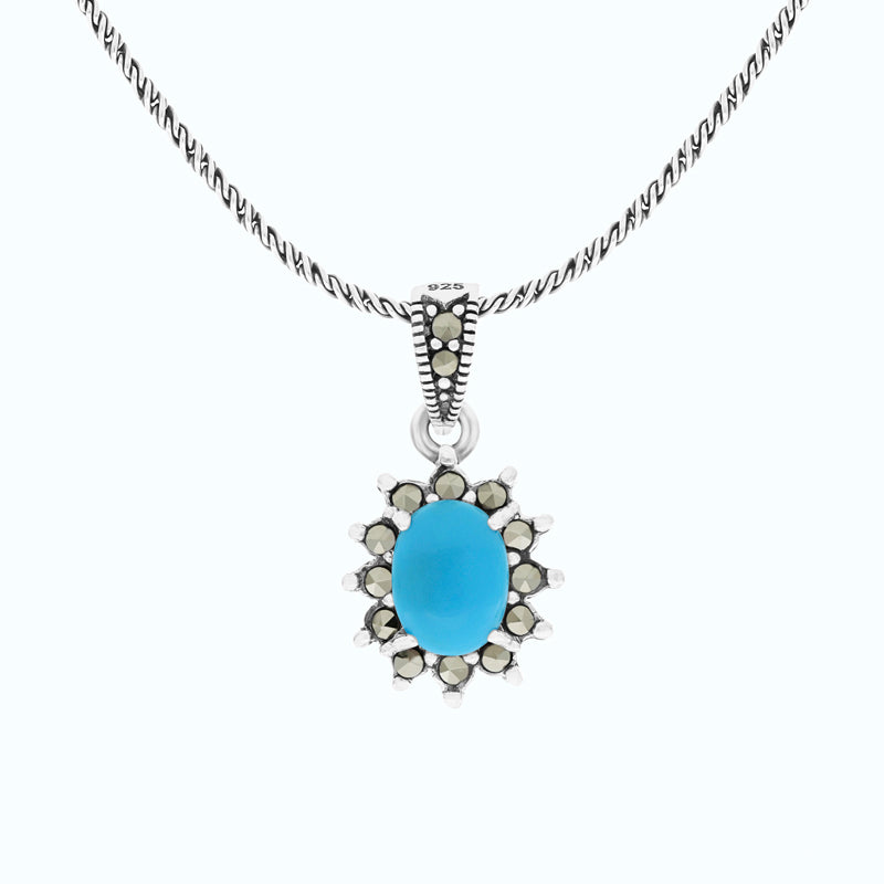 Sterling Silver 925 Pendant Embedded With Natural Processed Turquoise And Marcasite Stones
