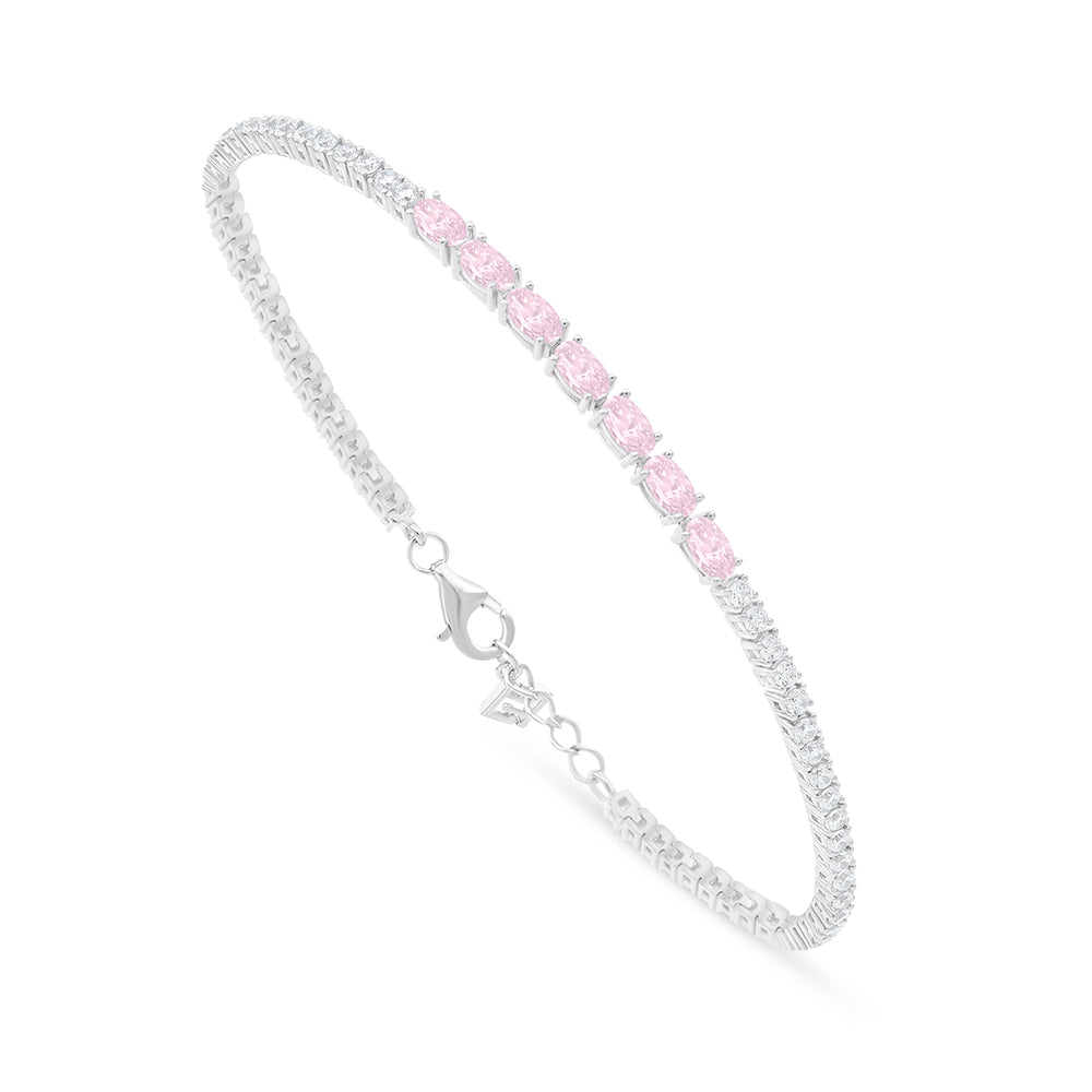 Sterling Silver 925 Bracelet Rhodium Plated Embedded With Pink Zircon And White Zircon