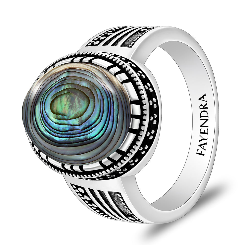 خاتم رجالي من الفضة الخالصة عيار 925 مطلي روديوم و اسود مرصع احجار صدف استرالي كابشون