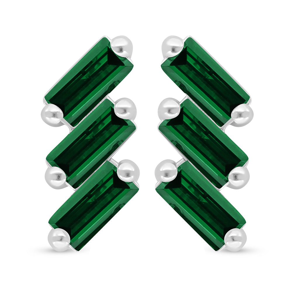 Sterling Silver 925 Earring Rhodium Plated Embedded With Emerald Zircon