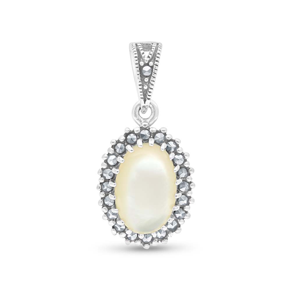 Sterling Silver 925 Pendant Embedded With Natural White Shell And Marcasite Stones
