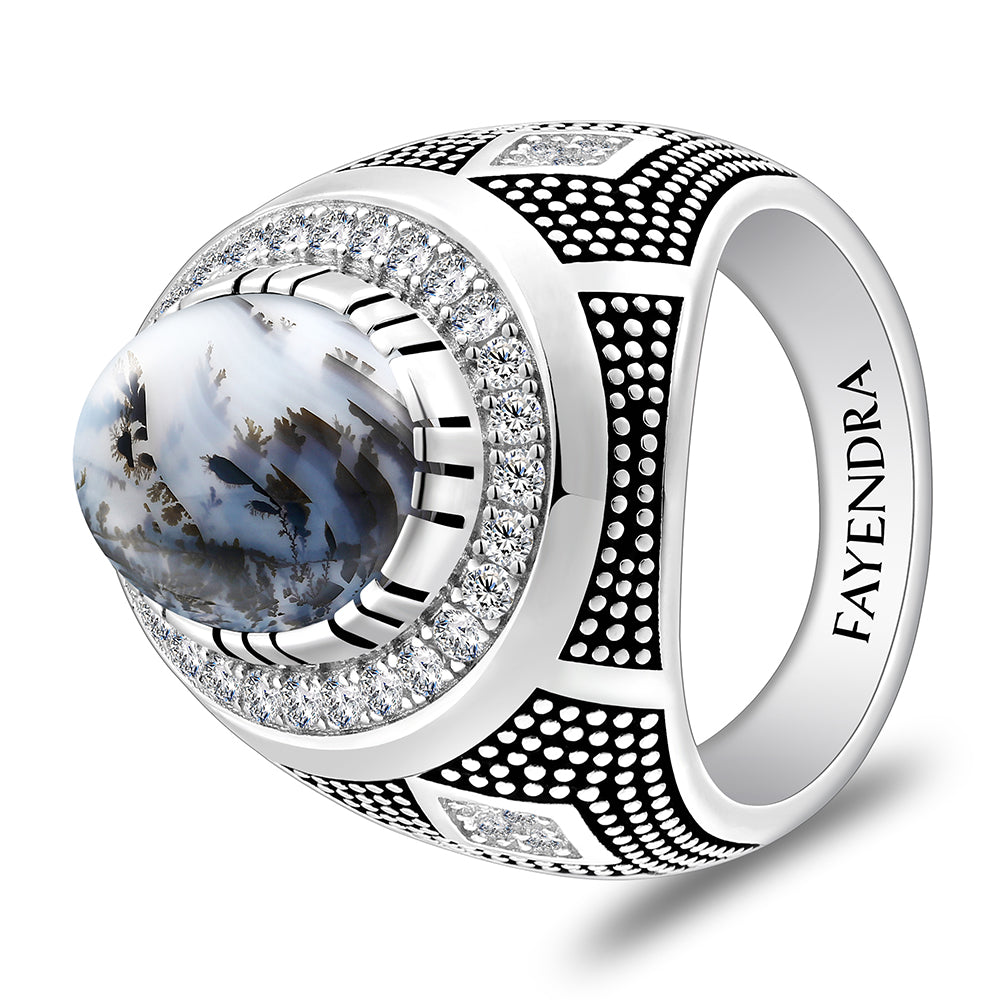 خاتم رجالي من الفضة الخالصة عيار 925 مطلي روديوم و اسود مرصع احجار عقيق مشجر طبيعي كابشون و فص ابيض