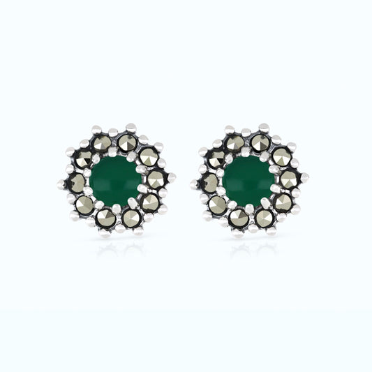 Sterling Silver 925 Earring Embedded With Natural Green Agate And Marcasite Stones