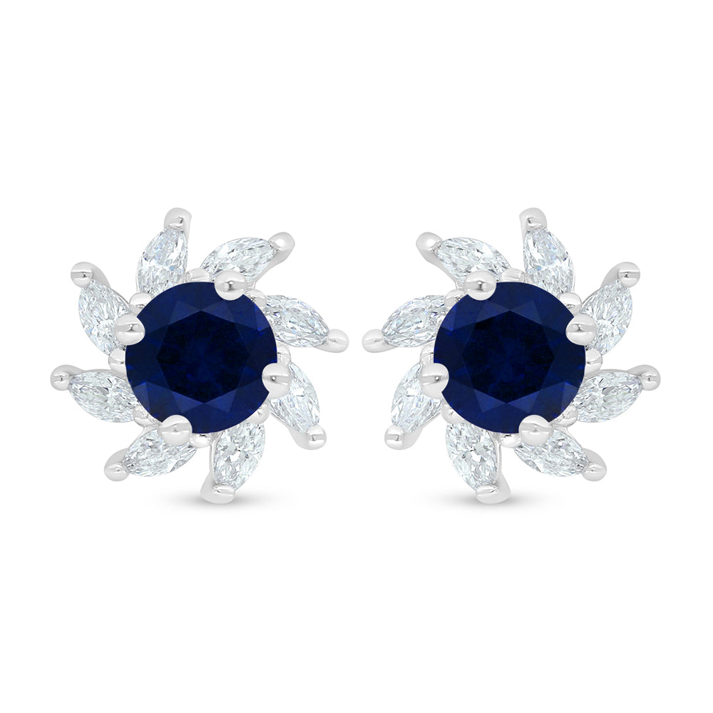 Sterling Silver 925 Earring Rhodium Plated Embedded With Sapphire Corundum And White Zircon