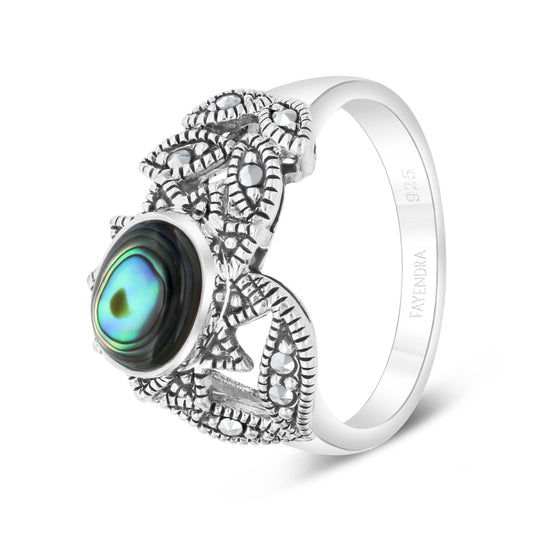 Sterling Silver 925 Ring Embedded With Natural Blue Shell And Marcasite Stones