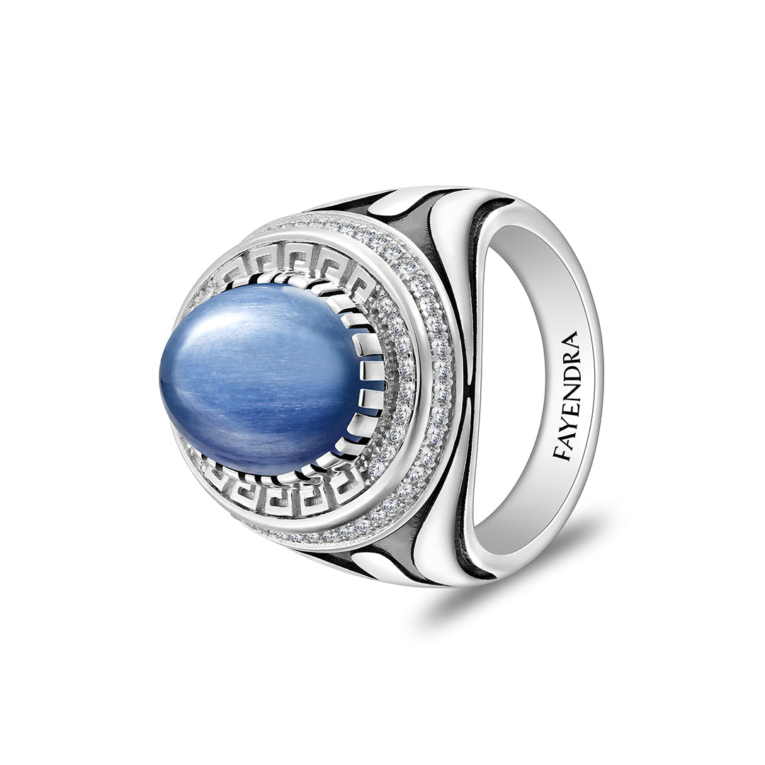 خاتم رجالي من الفضة الخالصة عيار 925 مطلي روديوم و اسود مرصع احجار كيانيت طبيعي كابشون و فص ابيض