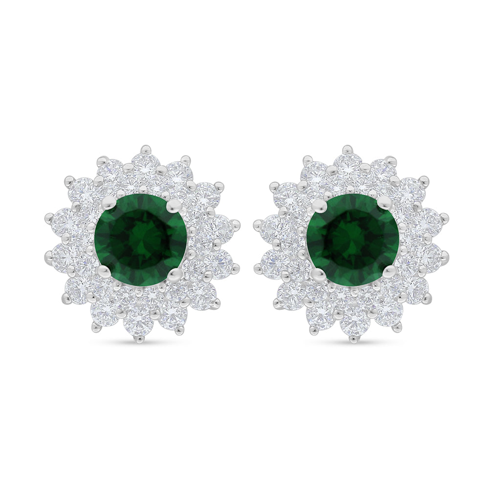 Sterling Silver 925 Earring Rhodium Plated Embedded With Emerald Zircon And White Zircon