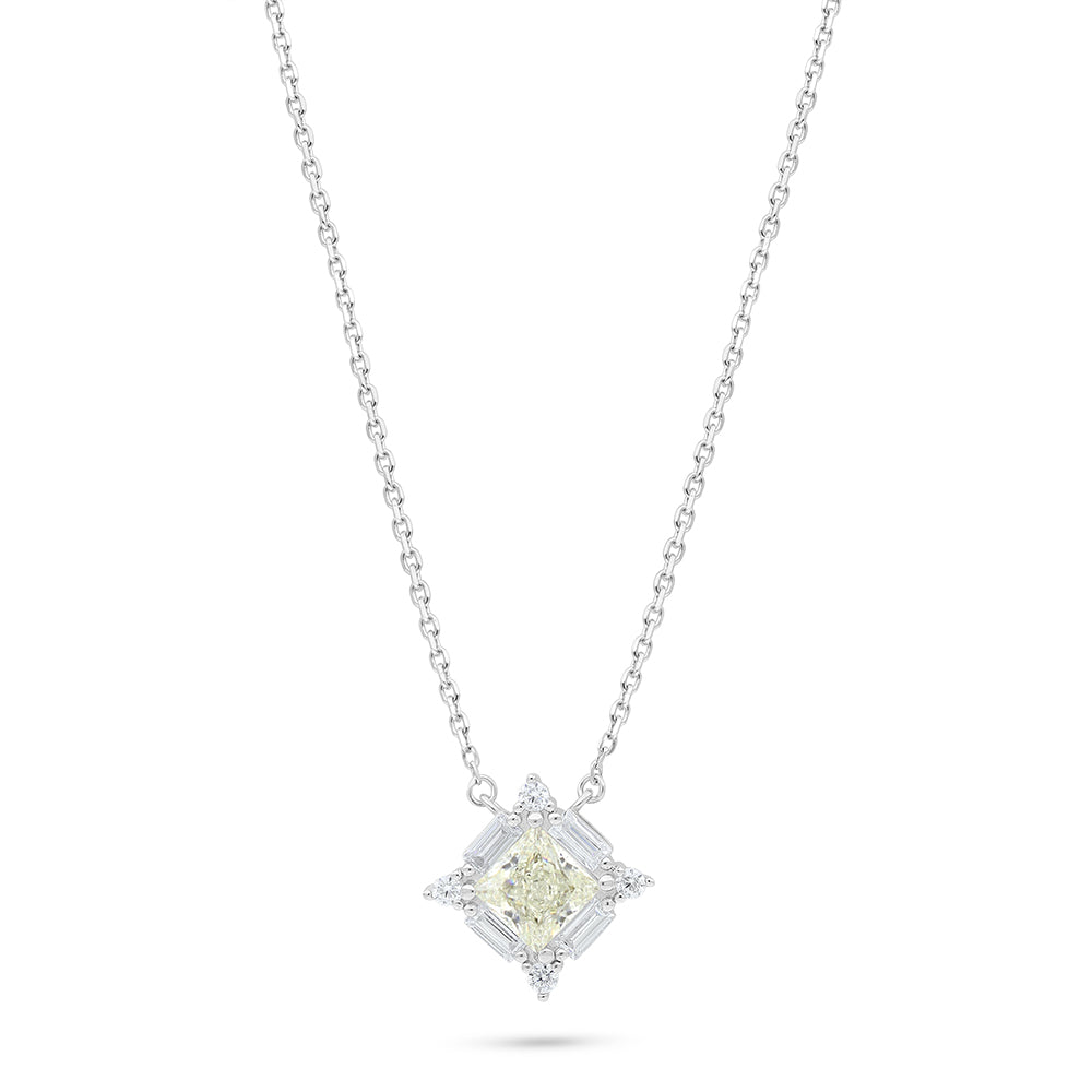 Sterling Silver 925 Necklace Rhodium Plated Embedded With Yellow Diamond And White Zircon