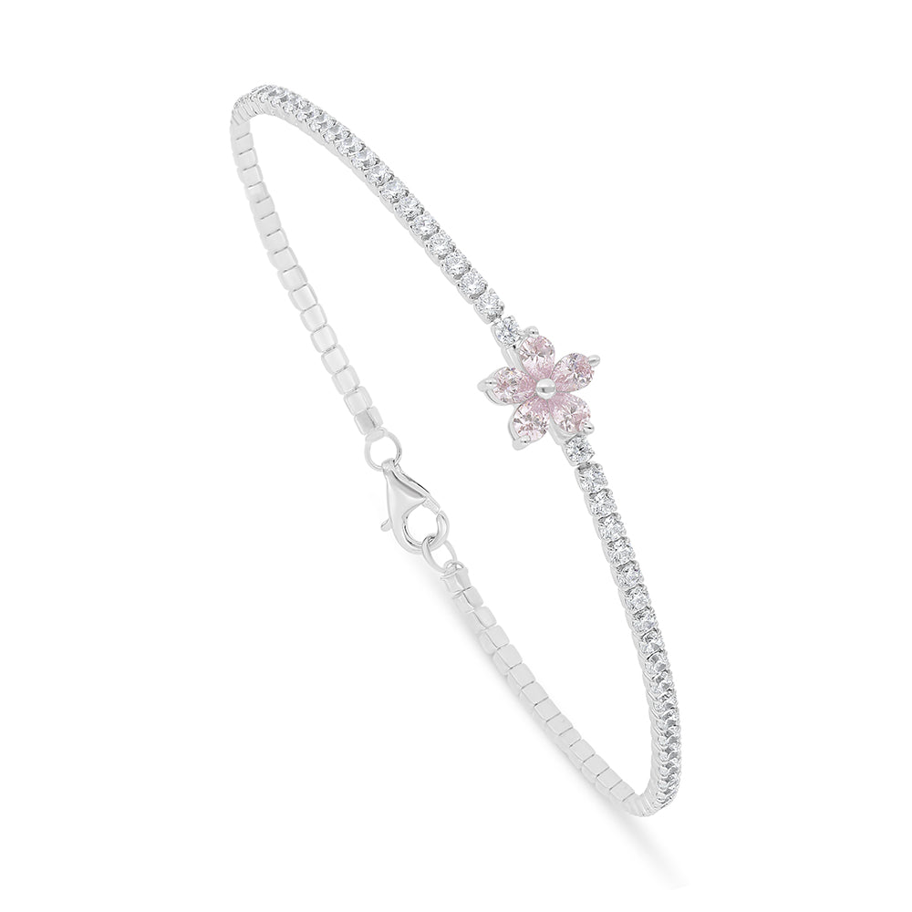Sterling Silver 925 Bracelet Rhodium Plated Embedded With Pink Zircon And White Zircon
