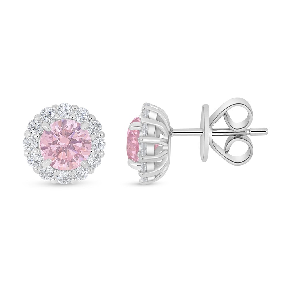Sterling Silver 925 Earring Rhodium Plated Embedded With pink Zircon And White Zircon