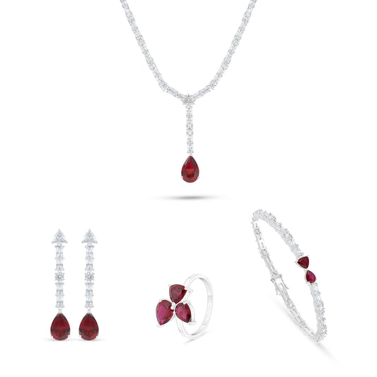 Sterling Silver 925 SET Rhodium Plated Embedded With Ruby Corundum And White Zircon