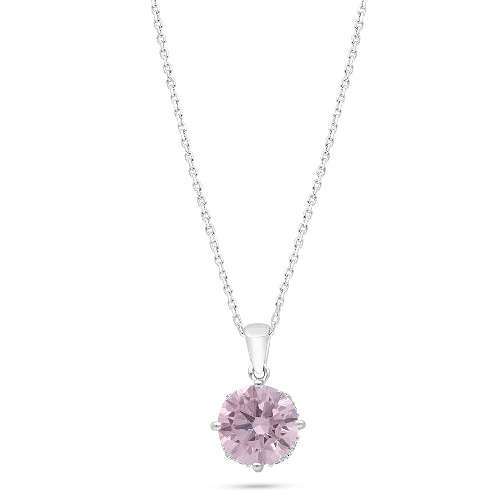Sterling Silver 925 Necklace Rhodium Plated Embedded With Pink Zircon And White Zircon
