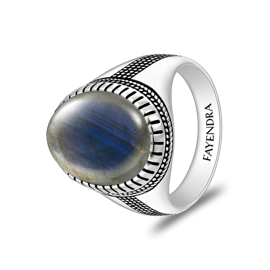 خاتم رجالي من الفضة الخالصة عيار 925 مطلي روديوم و اسود مرصع لابرادوريت اوبالي كابشون