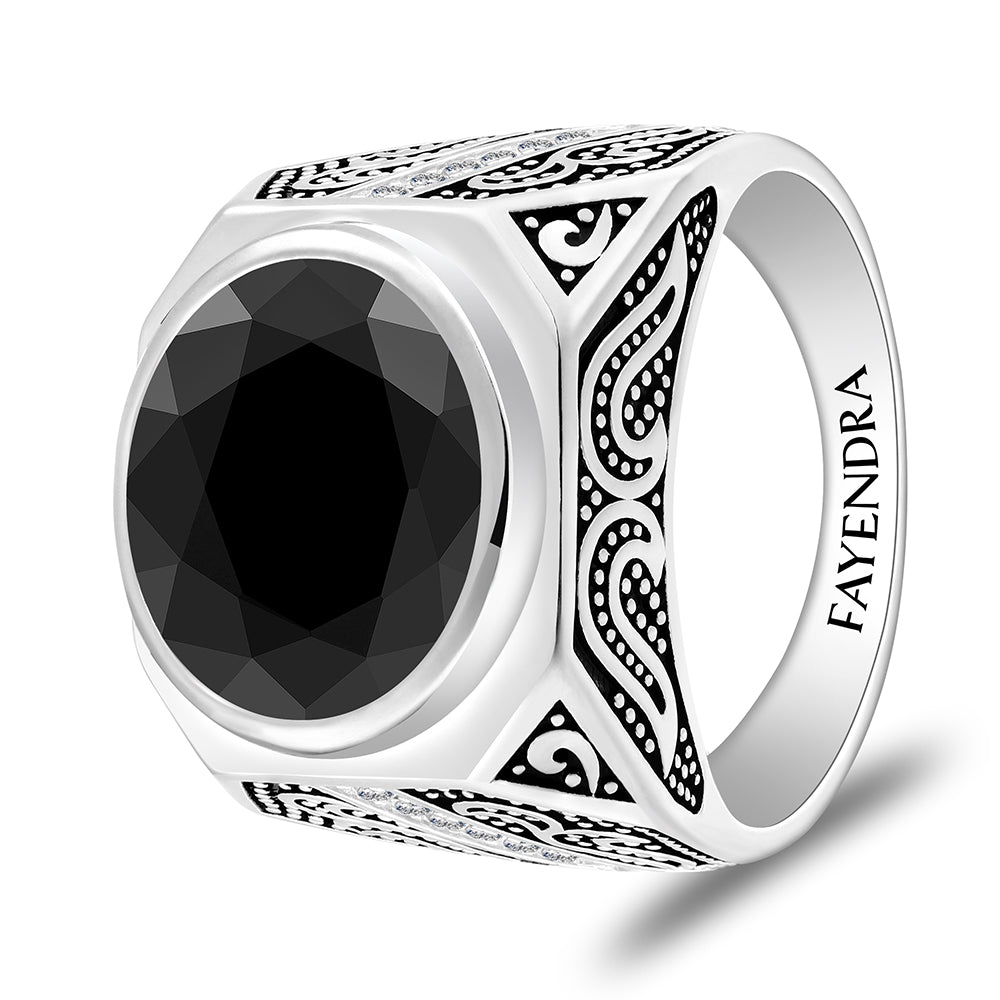 خاتم رجالي من الفضة الخالصة عيار 925 مطلي روديوم و اسود مرصع احجار اونكس سبينل و فص ابيض