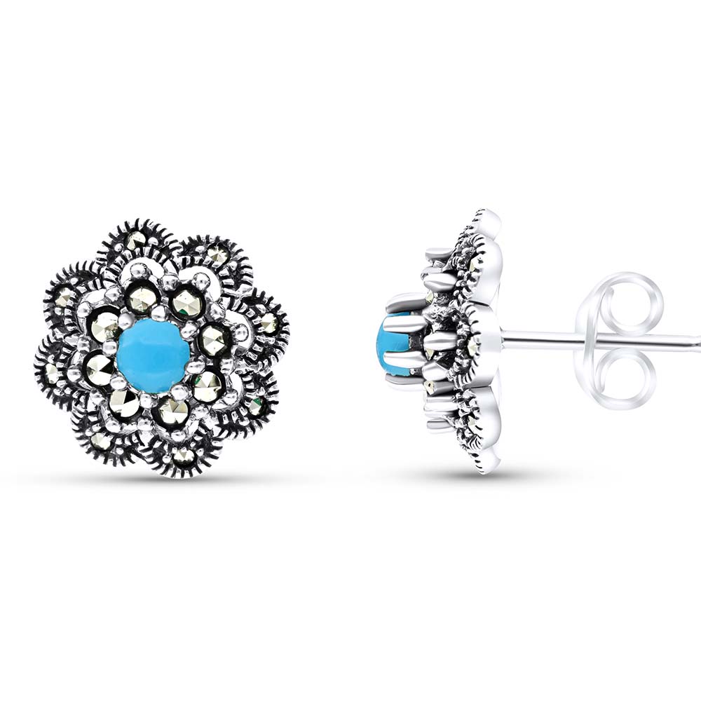 Sterling Silver 925 Earring Embedded With Natural Processed Turquoise And Marcasite Stones