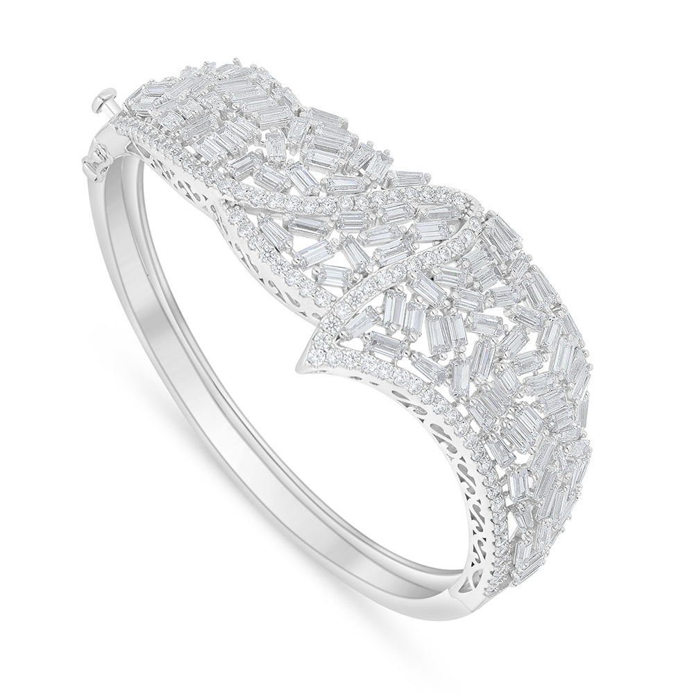 Sterling Silver 925 Bangle Rhodium Plated Embedded With White Zircon
