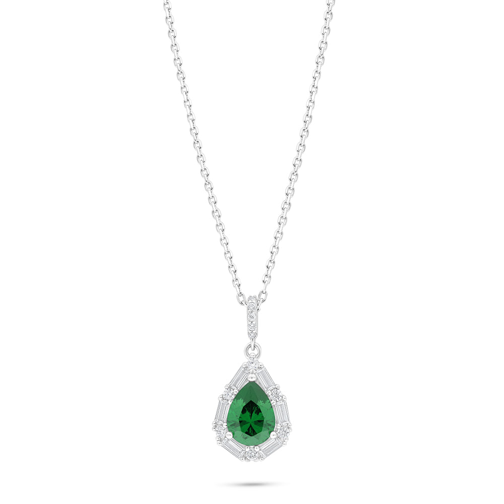 Sterling Silver 925 Necklace Rhodium Plated Embedded With Emerald Zircon And White Zircon