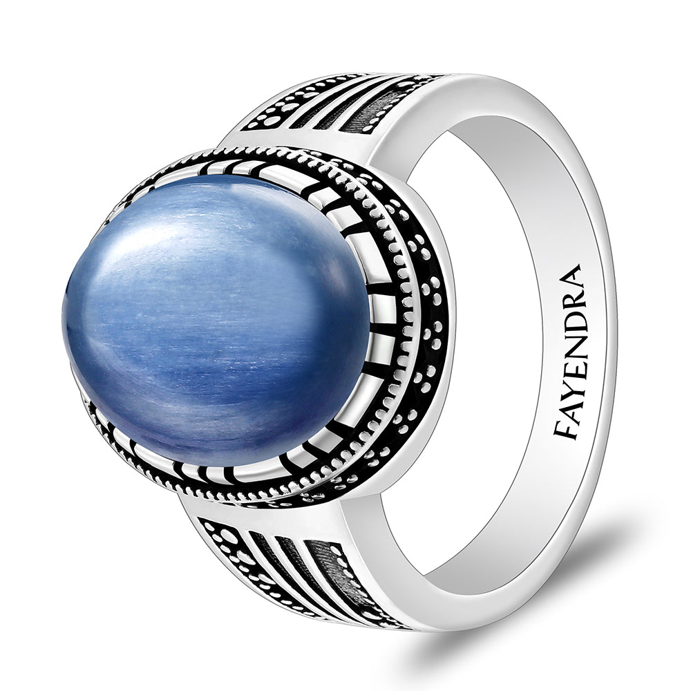 خاتم رجالي من الفضة الخالصة عيار 925 مطلي روديوم و اسود مرصع احجار كيانيت طبيعي كابشون