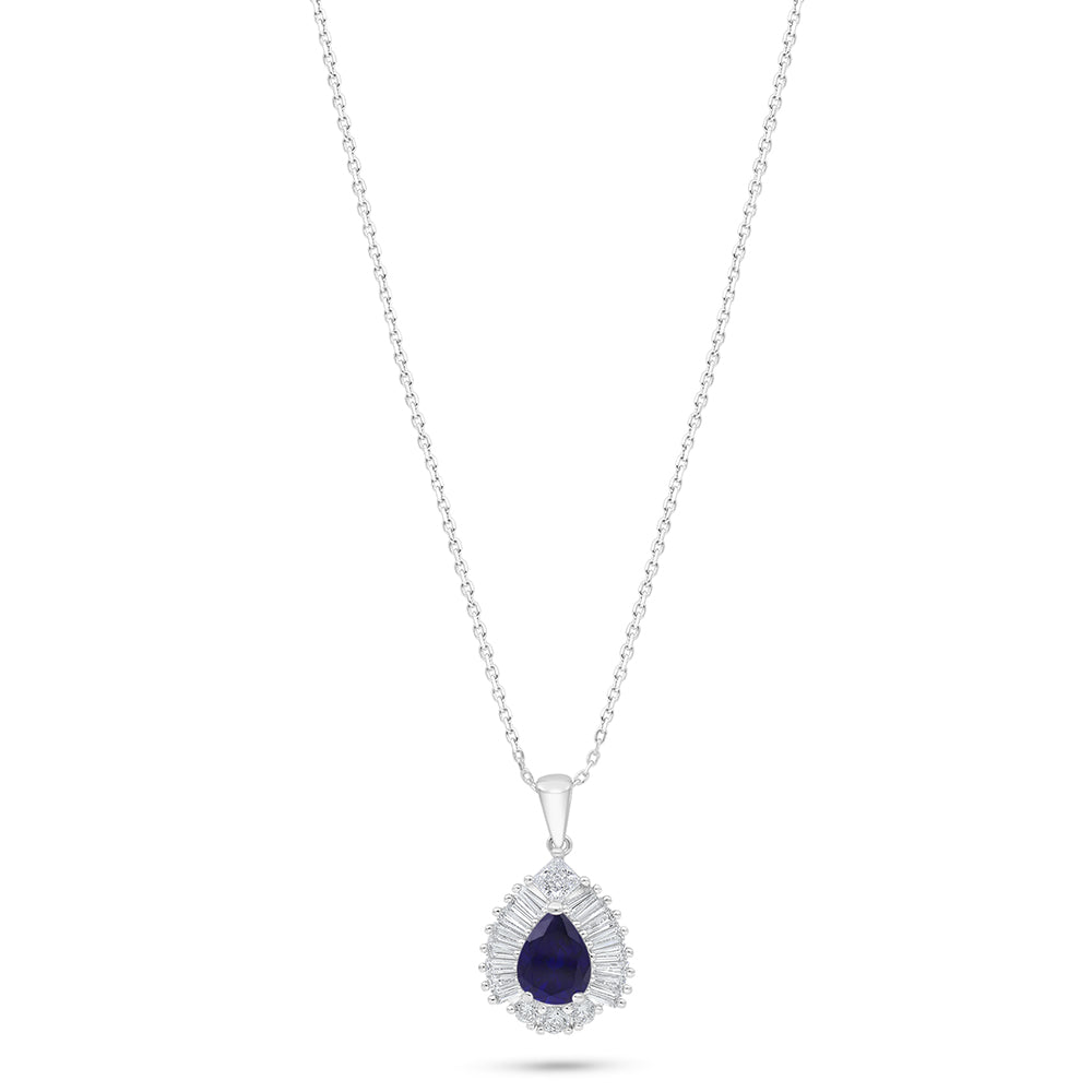 Sterling Silver 925 Necklace Rhodium Plated Embedded With Sapphire Corundum And White Zircon