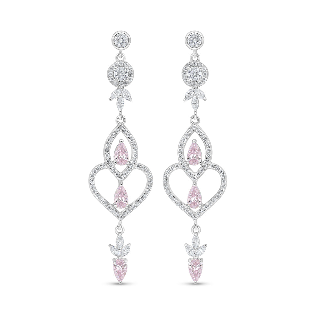 Sterling Silver 925 Earring Rhodium Plated Embedded With Pink Zircon And White Zircon