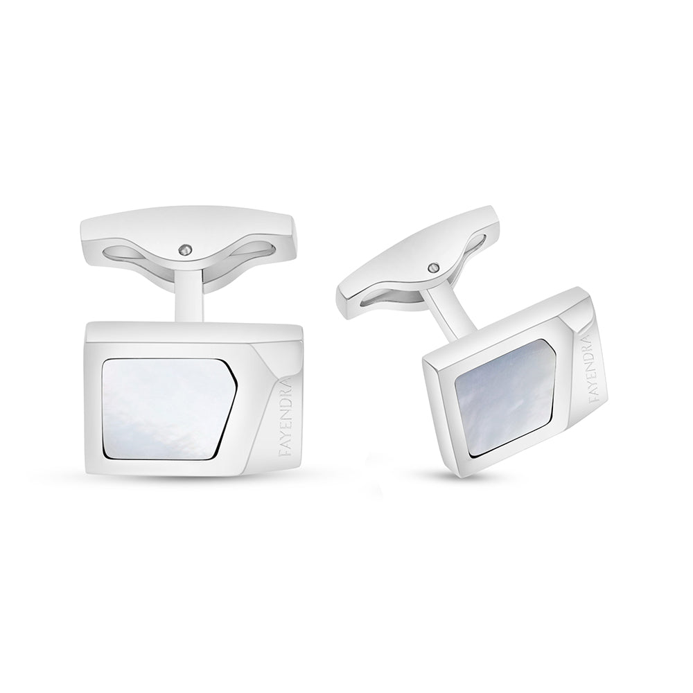 Stainless Steel Cufflink 316L Embedded With White Shell Shiny Steel