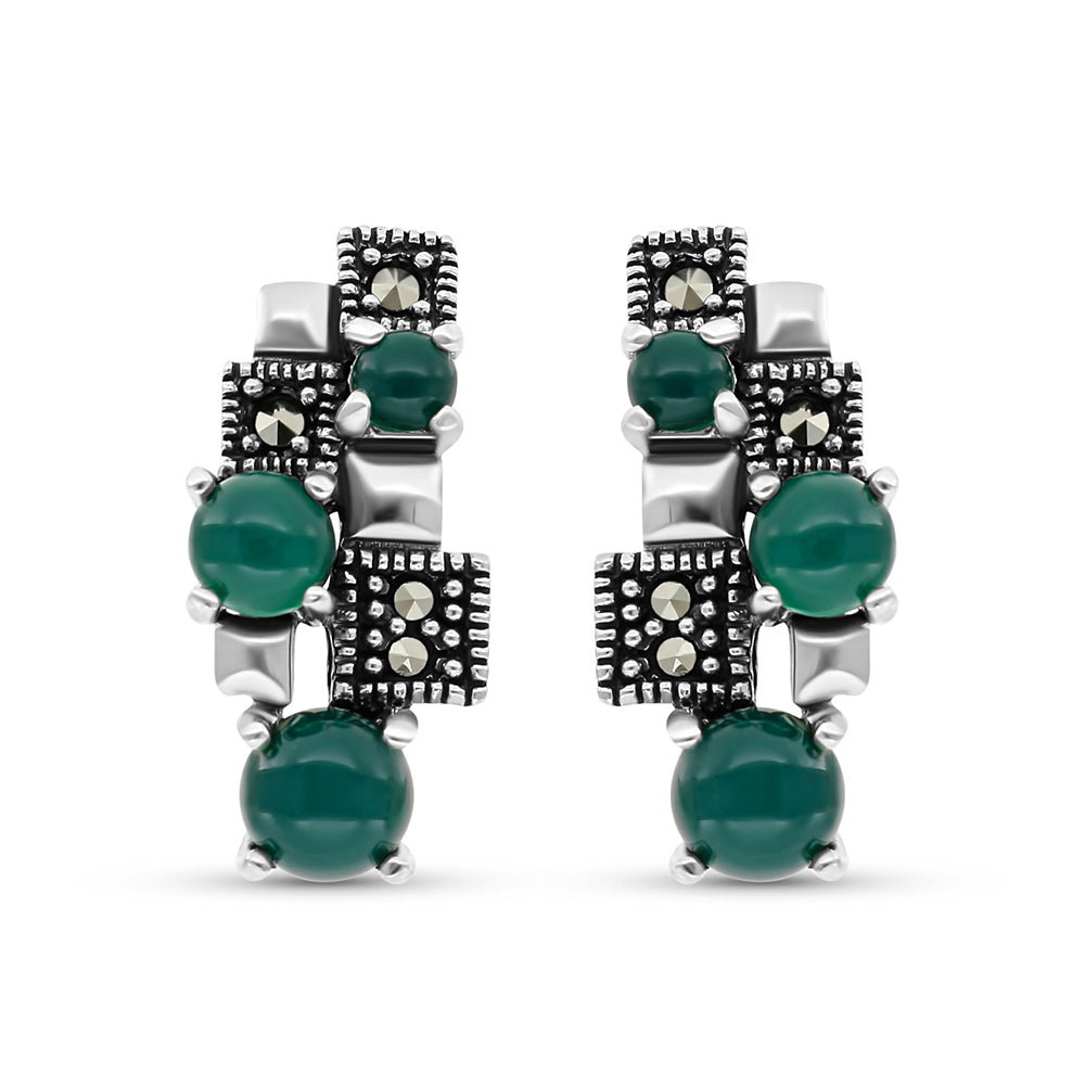 Sterling Silver 925 Earring Embedded With Natural Green Agate And Marcasite Stones