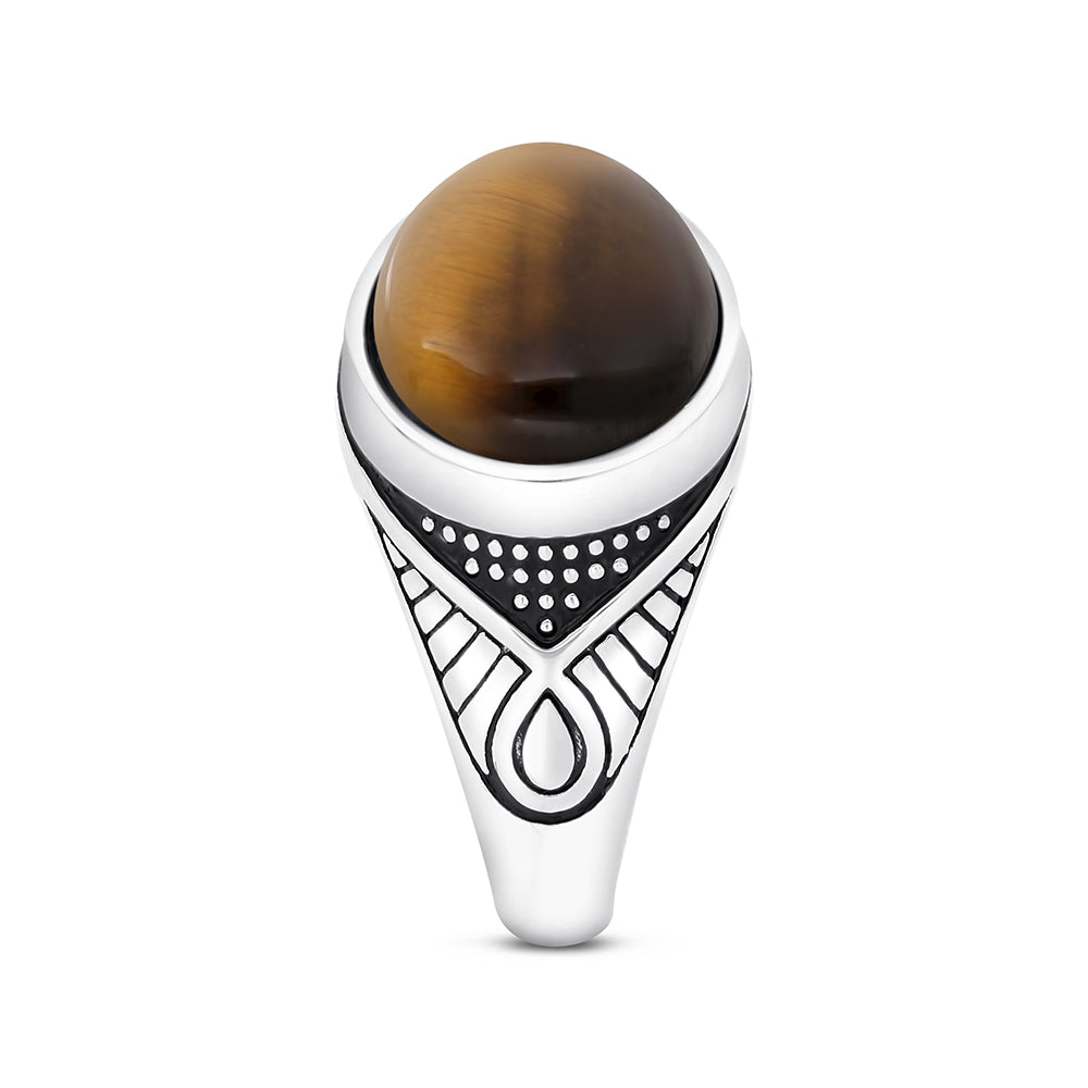Sterling Silver 925 Ring Rhodium And Black Plated Embedded With Yellow Tiger Eye For Men