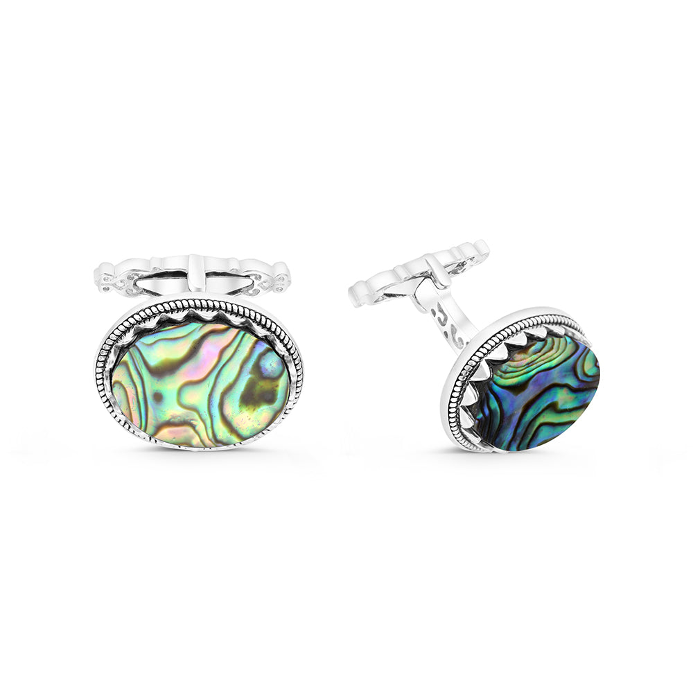 Sterling Silver 925 Cufflink Rhodium And Black Plated Embedded With Blue Shell