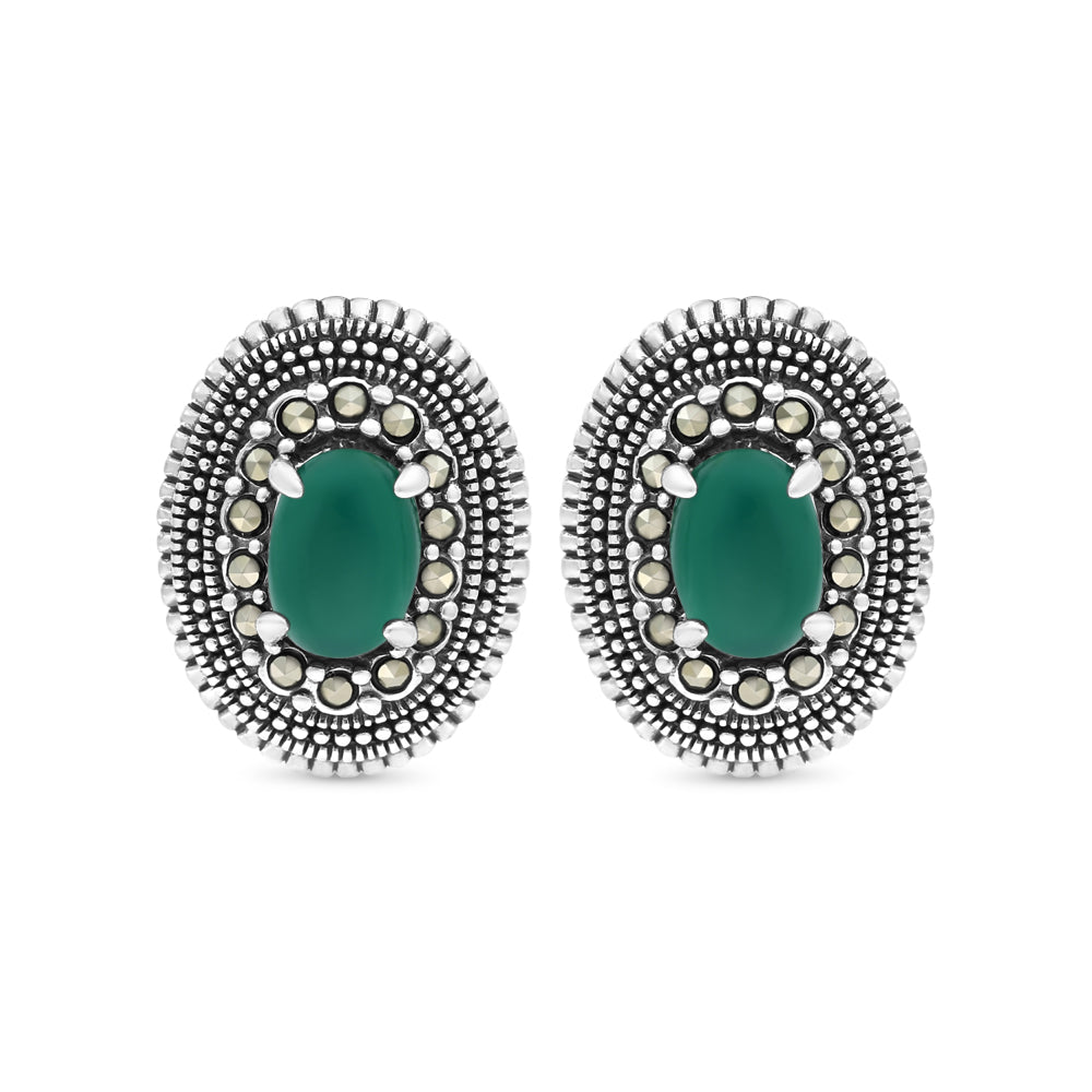 Sterling Silver 925 Earring Embedded With Natural Green Agate And Marcasite Stones