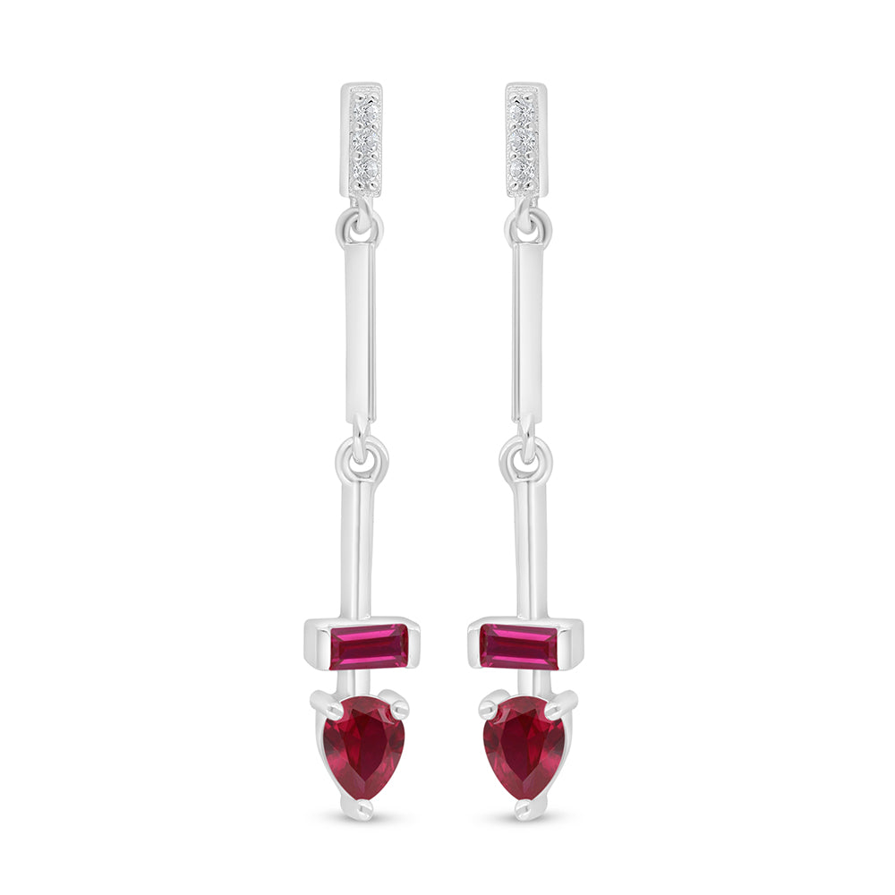 Sterling Silver 925 Earring Rhodium Plated Embedded With Ruby Corundum And White Zircon