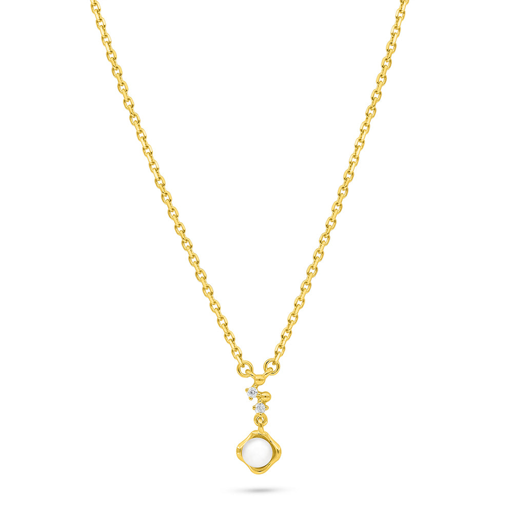 Sterling Silver 925 Necklace Golden Plated Embedded With Natural White Pearl And White Zircon