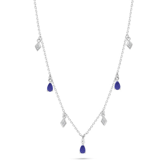 عقد من الفضة الخالصة عيار 925 مطلي روديوم مرصع زفير كروندوم و فص ابيض