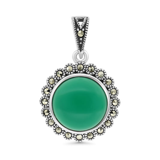 Sterling Silver 925 Pendant Embedded With Natural Green Agate And Marcasite Stones