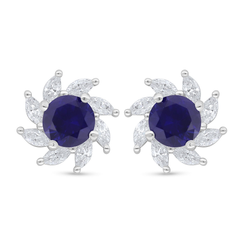 Sterling Silver 925 Earring Rhodium Plated Embedded With Sapphire Corundum And White Zircon