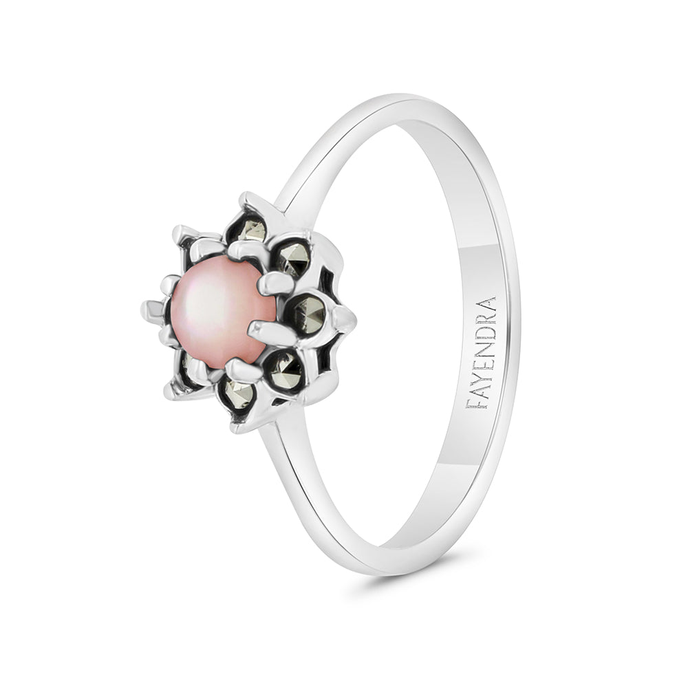 Sterling Silver 925 Set Embedded With Natural Pink Shell And Marcasite Stones