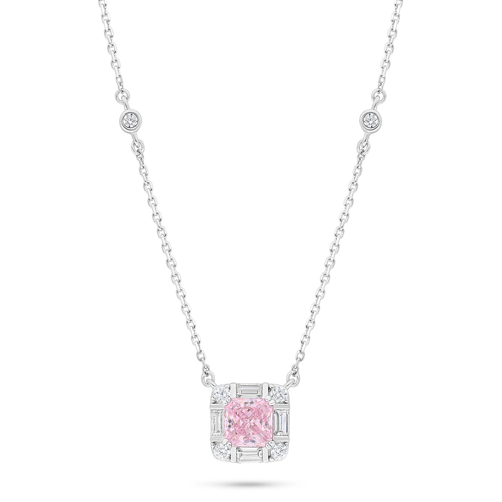 Sterling Silver 925 Necklace Rhodium Plated Embedded With Pink Zircon And White Zircon
