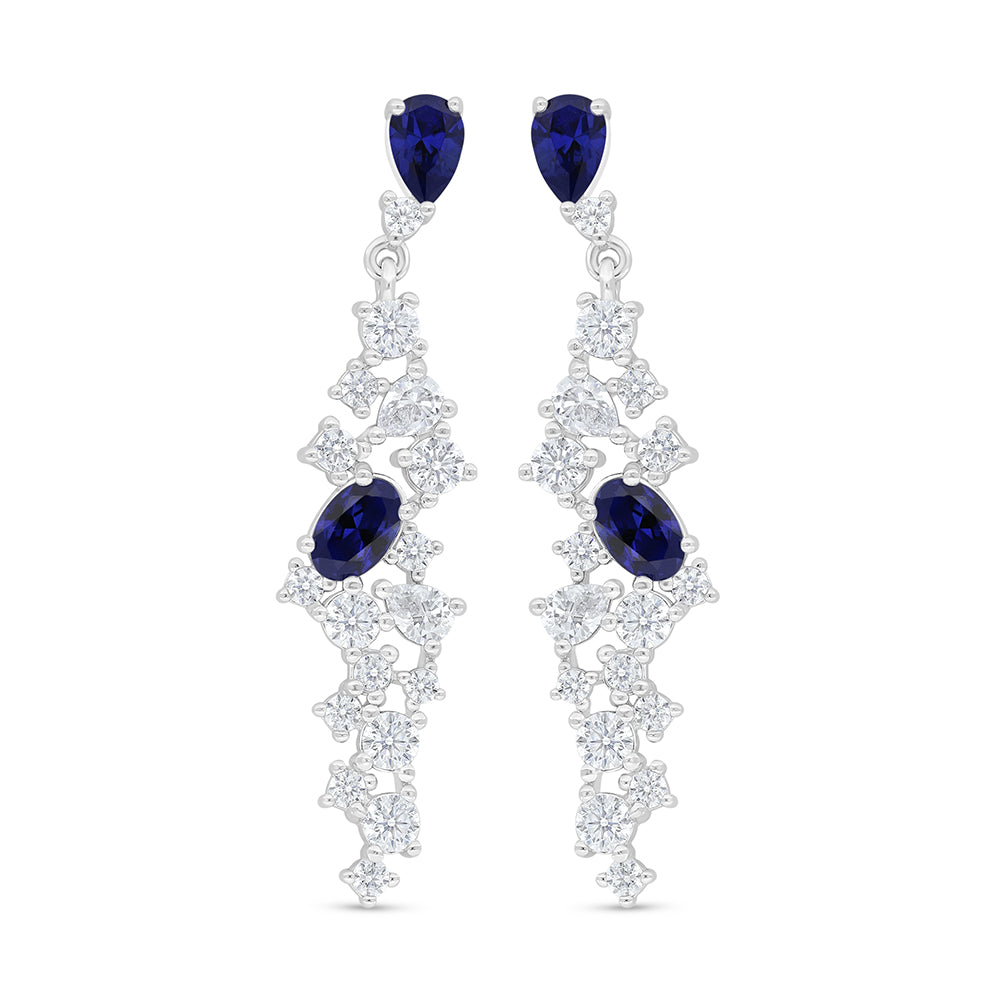 Sterling Silver 925 Earring Rhodium Plated Embedded With Sapphire Corundum And White Zircon